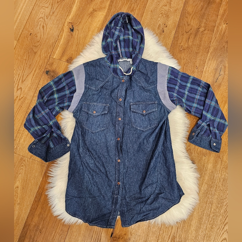 Vintage Plaid Hooded Denim Shirt